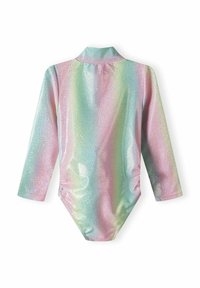 Bodysuit dugih rukava od iridescentnog materijala s pastelnim nijansama ružičaste, zelene i plave boje, sjajne teksture i dizajna ovratnika.