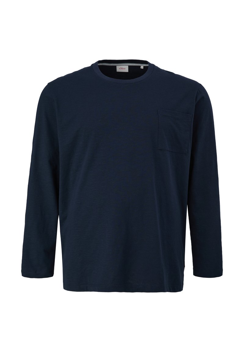 Marineblaue Langarm-T-Shirt aus weichem Stoff, mit rundem Ausschnitt und einer Brusttasche. Einfaches Design mit lässiger Passform.