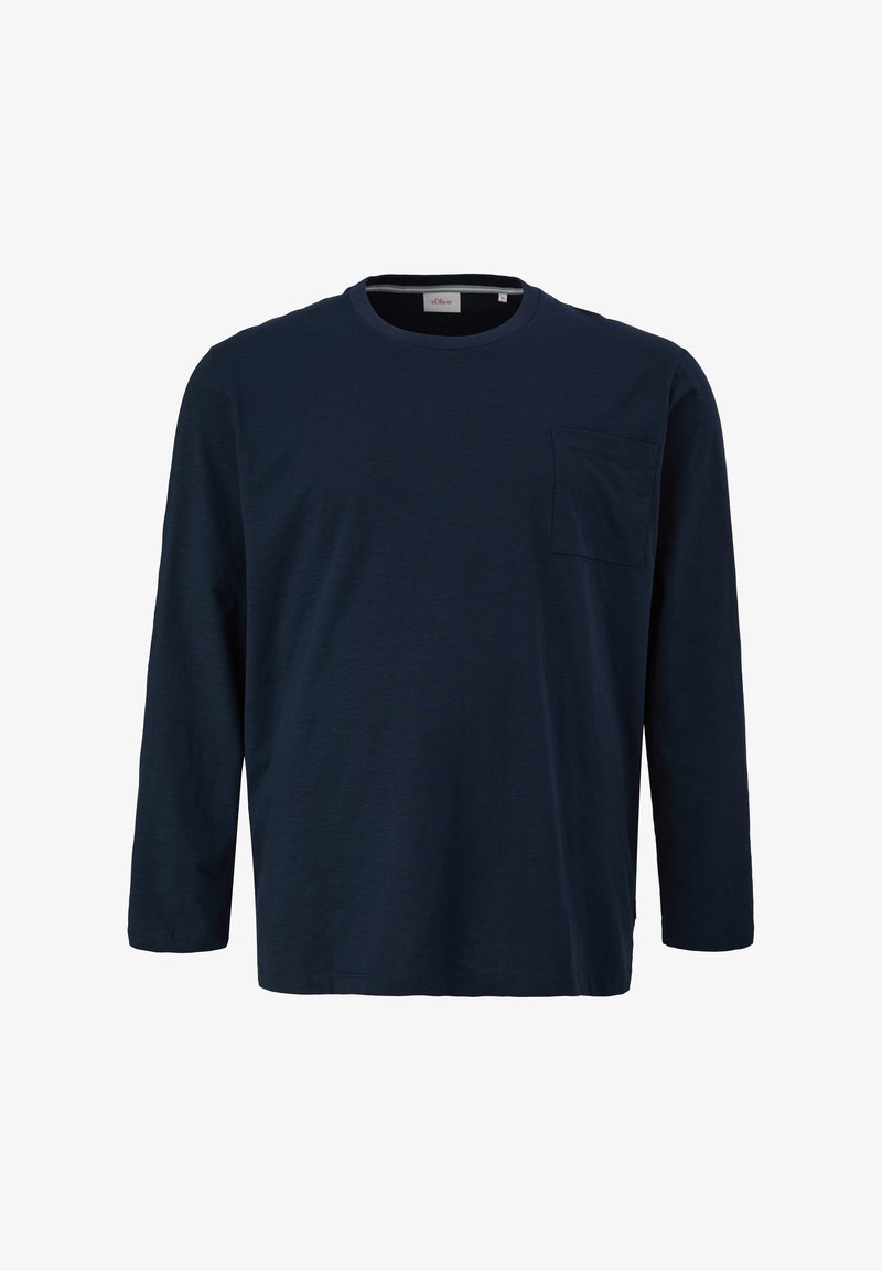 Marineblaue Langarm-T-Shirt aus weichem Stoff, mit rundem Ausschnitt und einer Brusttasche. Einfaches Design mit lässiger Passform.