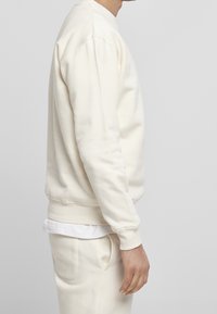 Felpa girocollo beige chiaro, realizzata in tessuto morbido. Maniche lunghe, polsini e fondo a costine, con una vestibilità rilassata. Indossata sopra una camicia bianca.