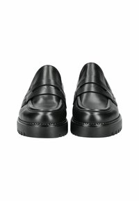 Sorte læder loafers med dobbeltstropper, rund tå og kraftig gummisål med et struktureret slidmønster.