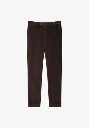 Pantalon en velours côtelé marron avec une coupe droite, de subtils ribs verticaux et une fermeture à bouton avec une braguette zippée.