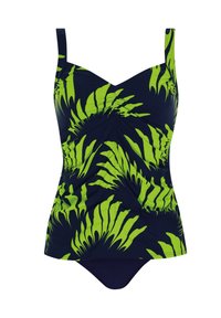 Maillot de bain avec une base bleu marine et un motif de feuilles de palmier vert vif, présentant des bretelles réglables et un design froncé au niveau de la poitrine.