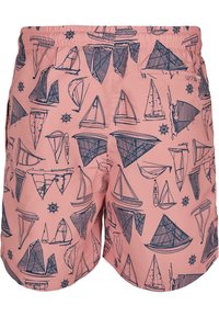 Rosa Badehose mit einem dunkelblauen Segelbootmuster. Verfügt über einen elastischen Bund und eine Gesäßtasche. Hergestellt aus leichtem, schnell trocknendem Material.