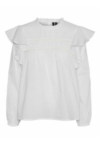 Vit blus med volangärmar, hög halsringning, texturerad tyg och rynkad detalj vid bröstet. Långa ärmar med elastiska manschetter.