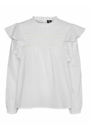 Weiße Bluse mit Rüsche an den Schultern, hohem Halsausschnitt, strukturiertem Stoff und Raffungen an der Brust. Lange Ärmel mit elastischen Bündchen.