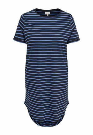 Navy blue short-sleeve dress with light blue horizontal stripes and a rounded hem.