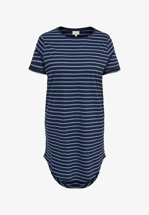 Navy blue short-sleeve dress with light blue horizontal stripes and a rounded hem.