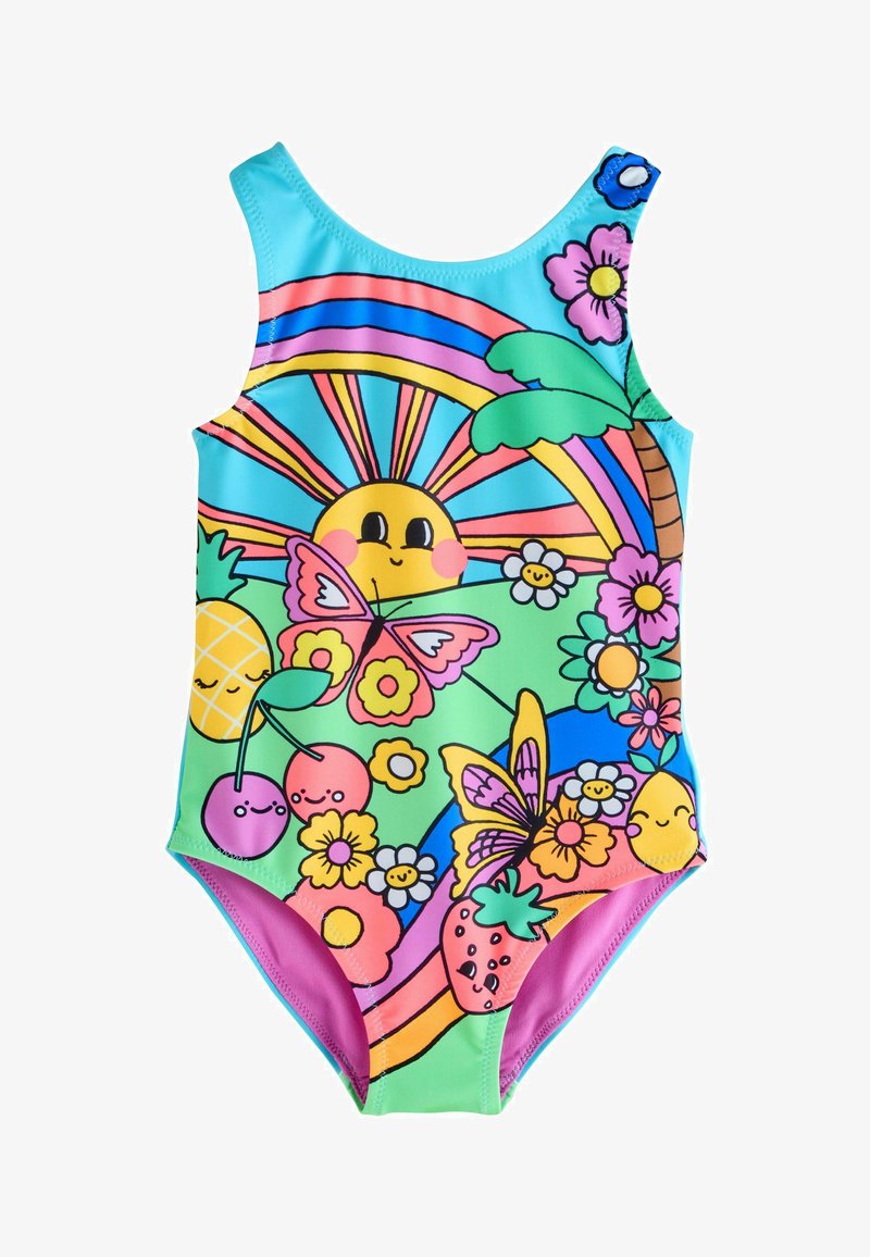 Maillot de bain pour enfants avec un soleil cartoon coloré, un arc-en-ciel, des papillons, des fleurs, un ananas, des cerises, une fraise et un palmier sur un fond bleu et vert.