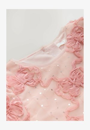 Jasnoróżowa sukienka z siateczki z falbaniastymi aplikacjami w kwiaty, rozproszonymi cekinami i satynowym dekoltem. Podszewka wewnętrzna z tylnym zapięciem na zamek.