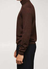 Maglione a collo alto marrone realizzato in materiale a maglia, con una silhouette aderente, polsini a coste e una trama liscia. Design semplice, senza fantasie.