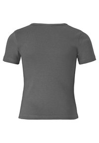 T-shirt grigio in cotone con maniche corte e scollo rotondo. La parte posteriore presenta una texture liscia e un design semplice e pulito.