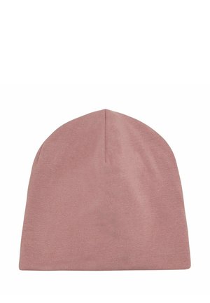 Berretto lavorato a maglia di colore malva chiaro e morbido, con una texture liscia e senza cuciture e una sommità arrotondata, progettato per un uso casual in condizioni di freddo.