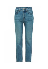Jeans de mezclilla azul claro con corte recto, diseño de cinco bolsillos, cremallera y textura desgastada. Presenta detalles de costura y herrajes de metal.