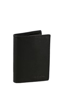 Portafoglio in pelle nera con una texture liscia, design a due pieghe e dettagli di cucitura discreti. Forma compatta con brand in rilievo sul davanti.