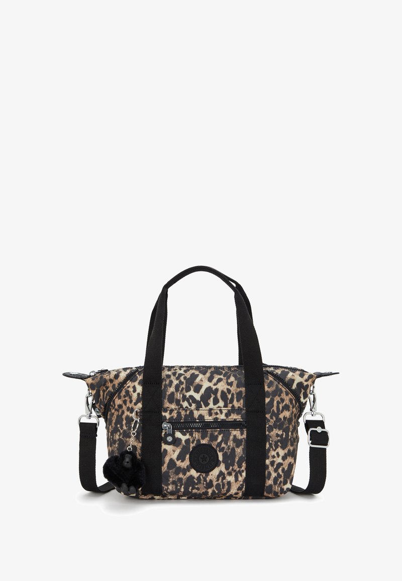 Leopard print bag with black accents, dual handles, detachable shoulder strap, front zipper pocket, and a furry keychain detail.