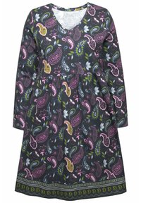 Långärmad klänning med V-ringning i mörkgrått bomull. Har färgglada paisley- och blommönster, med en samlad midja och mönstrad fåll.