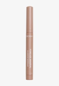 GOSH Forever Mineral Eye Shadow, waterproof, cylindrical design, light brown color, smooth texture, marked with product details and shade number.