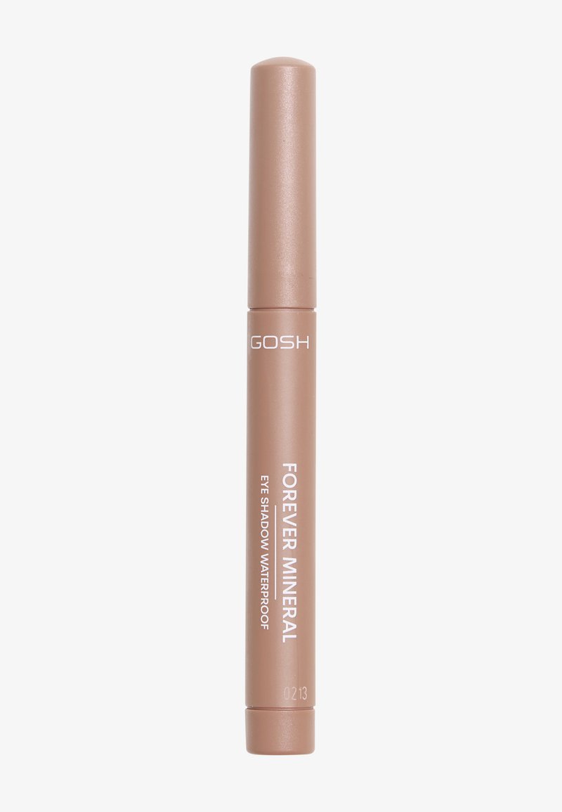 GOSH Forever Mineral Eye Shadow, waterproof, cylindrical design, light brown color, smooth texture, marked with product details and shade number.