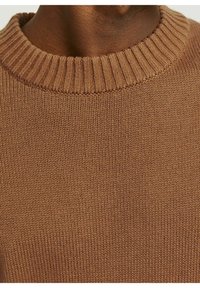 Brauner gestrickter Pullover mit einem gerippten Rundhalsausschnitt und einem strukturierten, weichen Stoff. Das Design ist schlicht und körpernah mit gleichmäßigen Nähten.