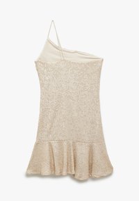 Abito monospalla realizzato in tessuto beige con paillettes, caratterizzato da un orlo svasato. Presenta spalline sottili e una fodera liscia nella parte superiore.