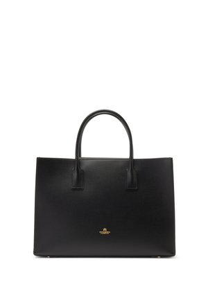 Sac à main rectangulaire en cuir noir avec deux poignées arrondies et petit logo doré centré près du bas.