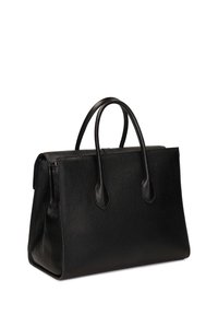 Fekete bőrből készült kézitáska sima textúrával, strukturált kialakítással, két ívelt fogóval és biztonságos pántos záródással. Kompakt és sokoldalú forma.
