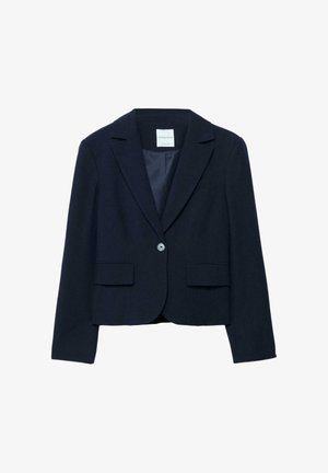 Navy blue cropped blazer in soft fabric. Features a notched collar, single button closure, and two front pockets. Smooth inner lining.