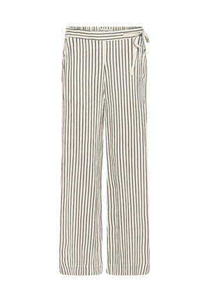 Crèmekleurige wijde broek met verticale zwarte strepen en een zijstrikdetail aan de taille.