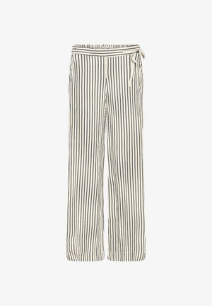 Crèmekleurige wijde broek met verticale zwarte strepen en een zijstrikdetail aan de taille.