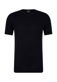 Kurzärmliges T-Shirt mit Rundhalsausschnitt aus schwarzem Strickstoff. Es hat eine glatte Textur und eine standardisierte Passform mit gerippten Bündchen und Saum.