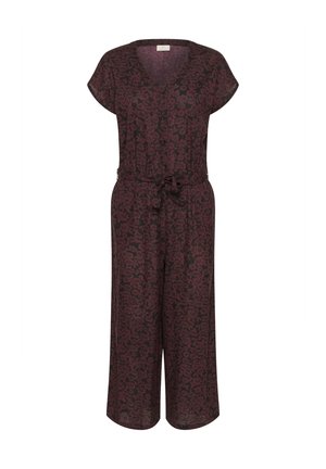 Combinaison fleurie bordeaux à manches courtes, décolleté en V, boutons sur le devant, taille ceinturée et pantalon large. Tissu léger.