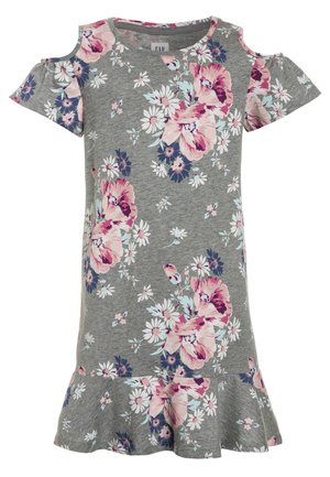 Gråt kold-shoulder kjole til piger med pink og hvidt blomsterprint og flæsekant.