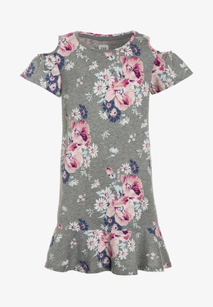 Robe grise pour filles avec épaules dénudées, imprimé floral rose et blanc et ourlet à volants.