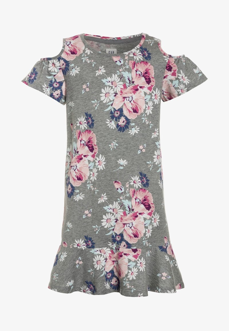 Robe grise pour filles avec épaules dénudées, imprimé floral rose et blanc et ourlet à volants.