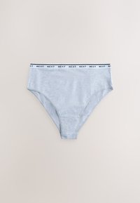 Culotte taille haute gris clair avec une ceinture élastique blanche comportant un texte "NEXT" répété en noir.