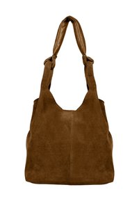 Brun ruskinds tote bag med bløde, polstrede læderhåndtag og et enkelt, ubrugt design.