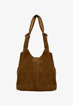 Brun ruskinds tote bag med bløde, polstrede læderhåndtag og et enkelt, ubrugt design.