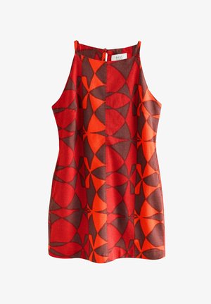 Rotes und braunes ärmelloses Kleid mit geometrischen Mustern. Aus einem strukturierten Stoff gefertigt, mit einem Rückenschlitz und einem geraden Saum.