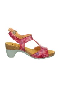 Rosa gemusterte Sandalen mit Ausschnittdesign, Korkfußbett und einem mittelgroßen grauen Absatz. Verstellbarer Riemen hinten für einen sicheren Sitz.