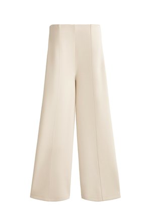 Beige weit geschnittene Hose mit hoher Taille, aus weichem Stoff gefertigt, mit vertikalen Nähten für Struktur und einem glatten, sauberen Finish.