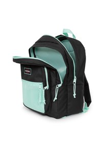 Zaino in tessuto nero con dettagli verde menta. Presenta un ampio scomparto principale, una tasca frontale in rete e spallacci regolabili.
