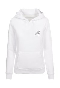 Felpa bianca con tasca frontale, cappuccio regolabile con lacci e un piccolo design grafico nero sul petto sinistro che raffigura un personaggio dei cartoni animati.