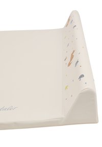 Changing mat with a soft, cream-colored surface. Features playful, multicolored animal and leaf patterns along the edges. Smooth texture.