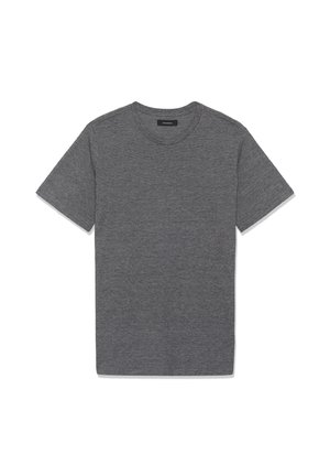 T-shirt gris foncé uni à manches courtes et col rond, posé à plat sur un fond blanc, étiquette visible à l'intérieur du col.