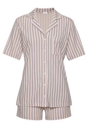 Lühikeste varrukeapte ja kaelusega pidžaama komplekt pehmest triibulisest materjalist. Hea roosa, millel on sinised ja valged triibud. Ühel särgil on tasku.