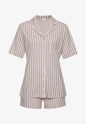 Lühikeste varrukeapte ja kaelusega pidžaama komplekt pehmest triibulisest materjalist. Hea roosa, millel on sinised ja valged triibud. Ühel särgil on tasku.