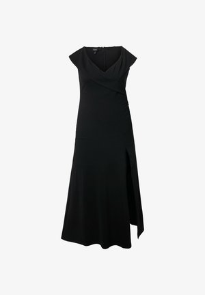 Schwarzes ärmelloses Midikleid mit V-Ausschnitt, Wickeloberteil und seitlichem Schlitz vor weißem Hintergrund.