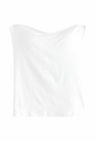 Haut blanc sans bretelles, en tissu lisse et léger. Présente une coupe décontractée et un ourlet droit sans motifs ni accents visibles.