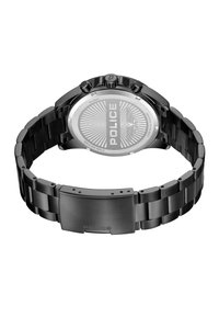 Orologio in acciaio inossidabile nero con cassa rotonda, quadrante nero testurizzato e motivi geometrici. Caratterizzato da un robusto bracciale a maglie e un chiusura.